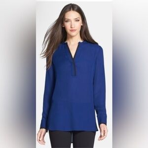 Vince Royal Blue Long Sleeve Split-Neck Blouse with Black Trim